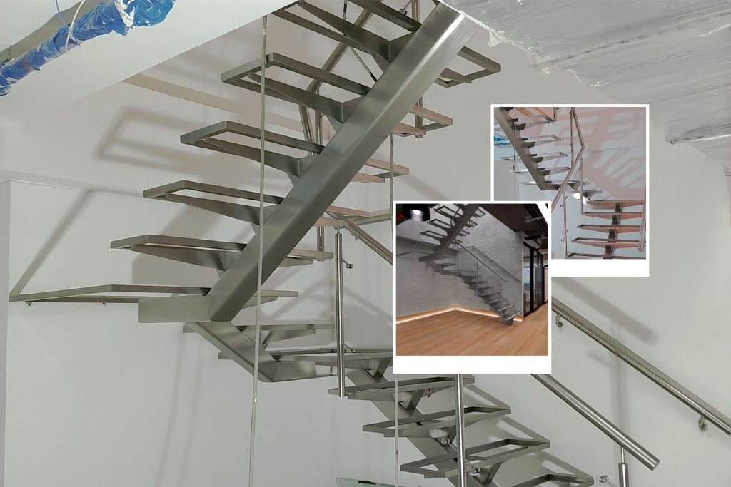 Escalera de acero inoxidable y pasos de vidrio